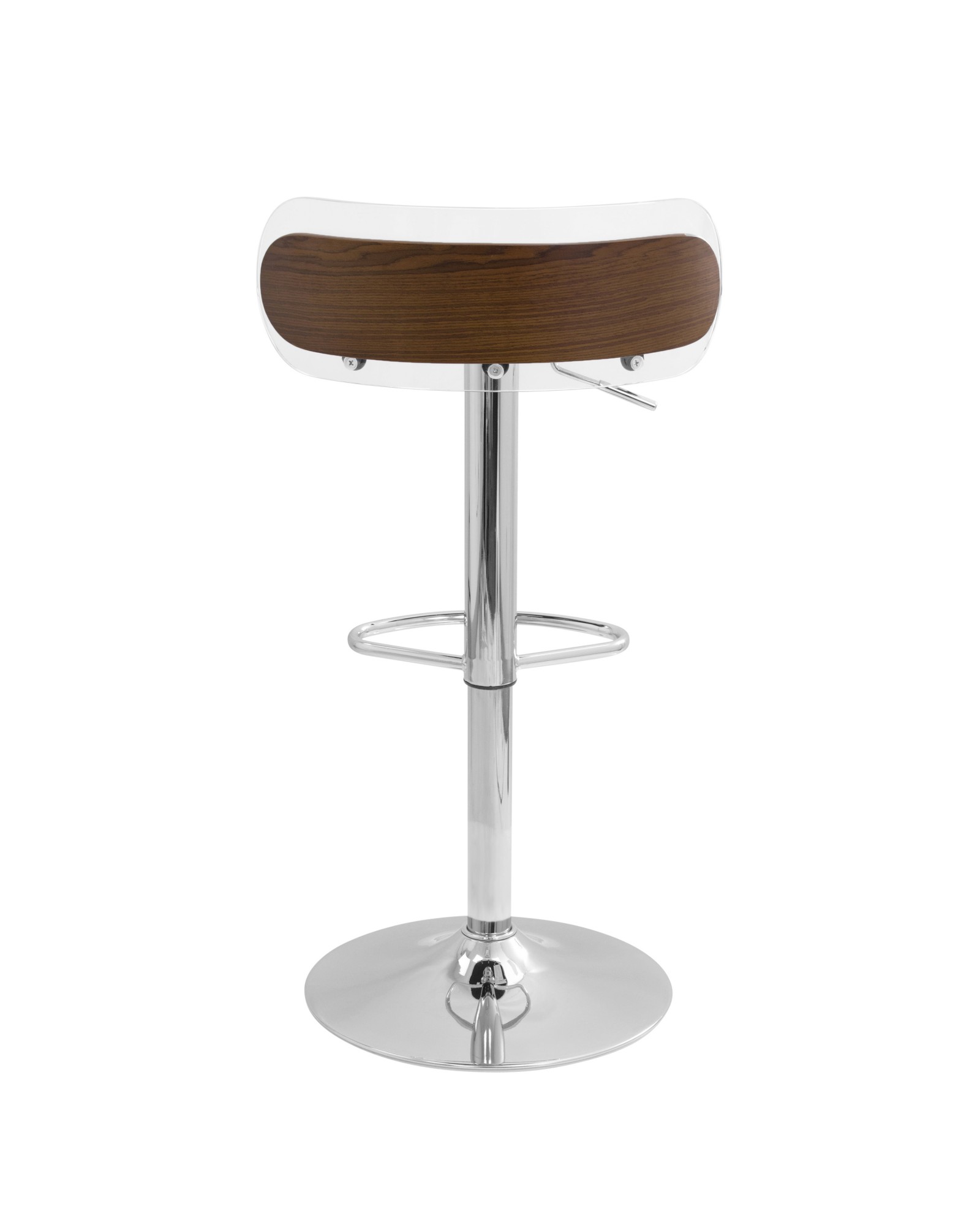 Arc Contemporary Adjustable Barstool in Walnut Wood, Clear Acrylic, and White Faux Leather