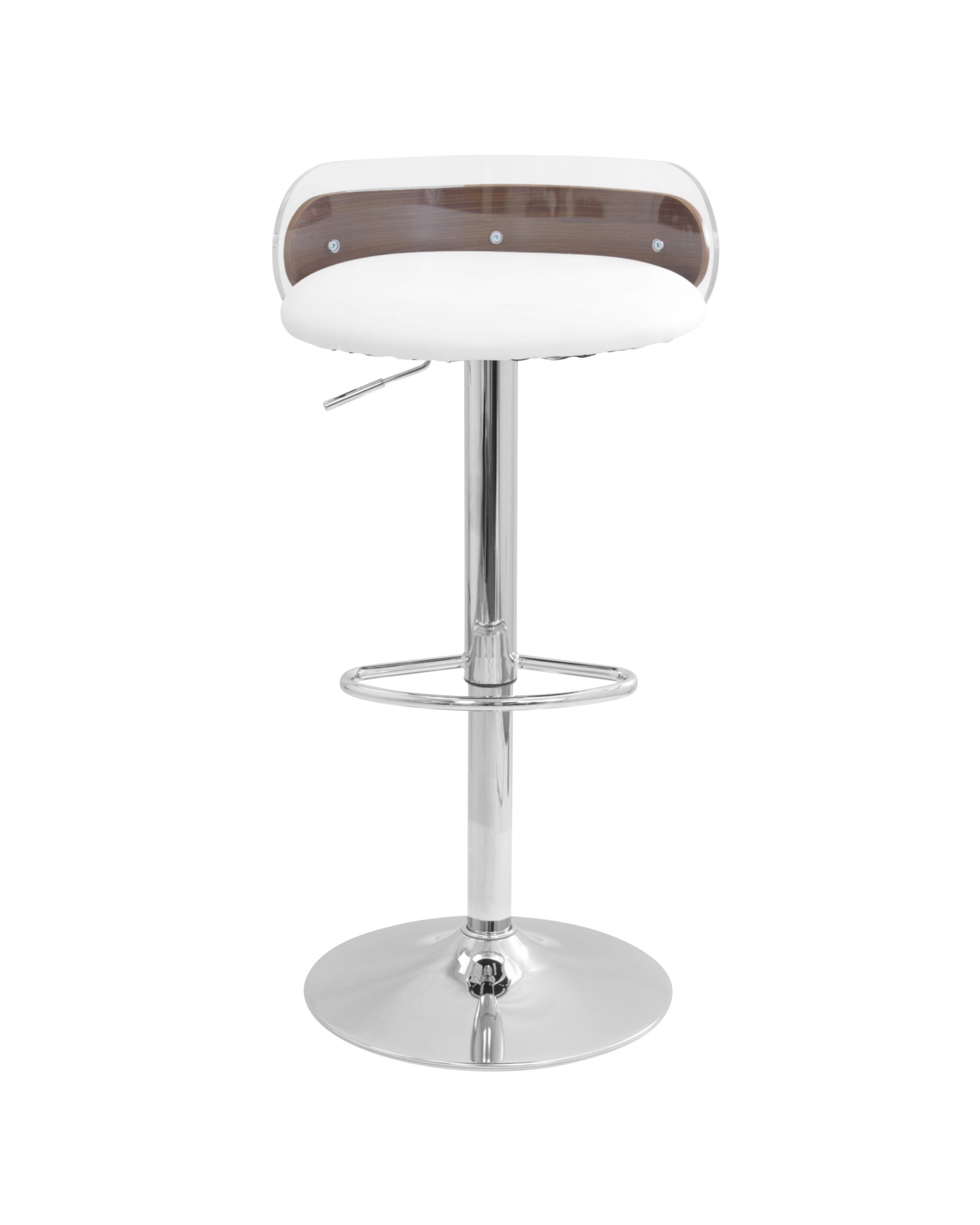 Arc Contemporary Adjustable Barstool in Walnut Wood, Clear Acrylic, and White Faux Leather