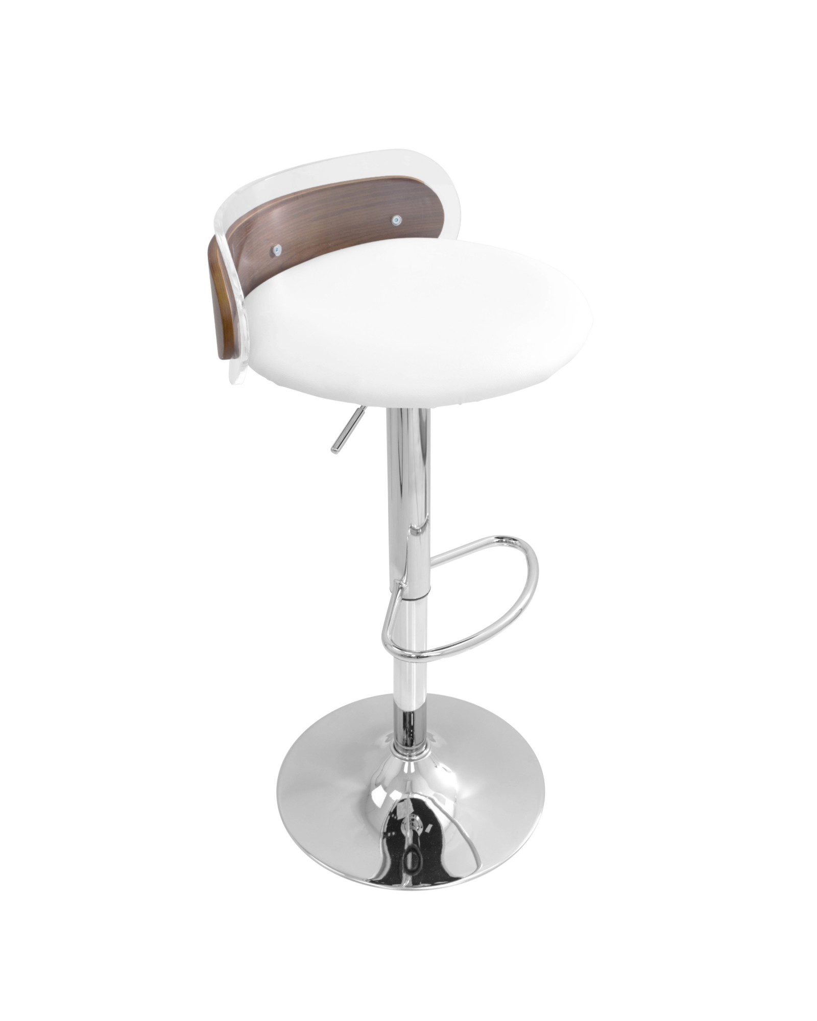 Arc Contemporary Adjustable Barstool in Walnut Wood, Clear Acrylic, and White Faux Leather