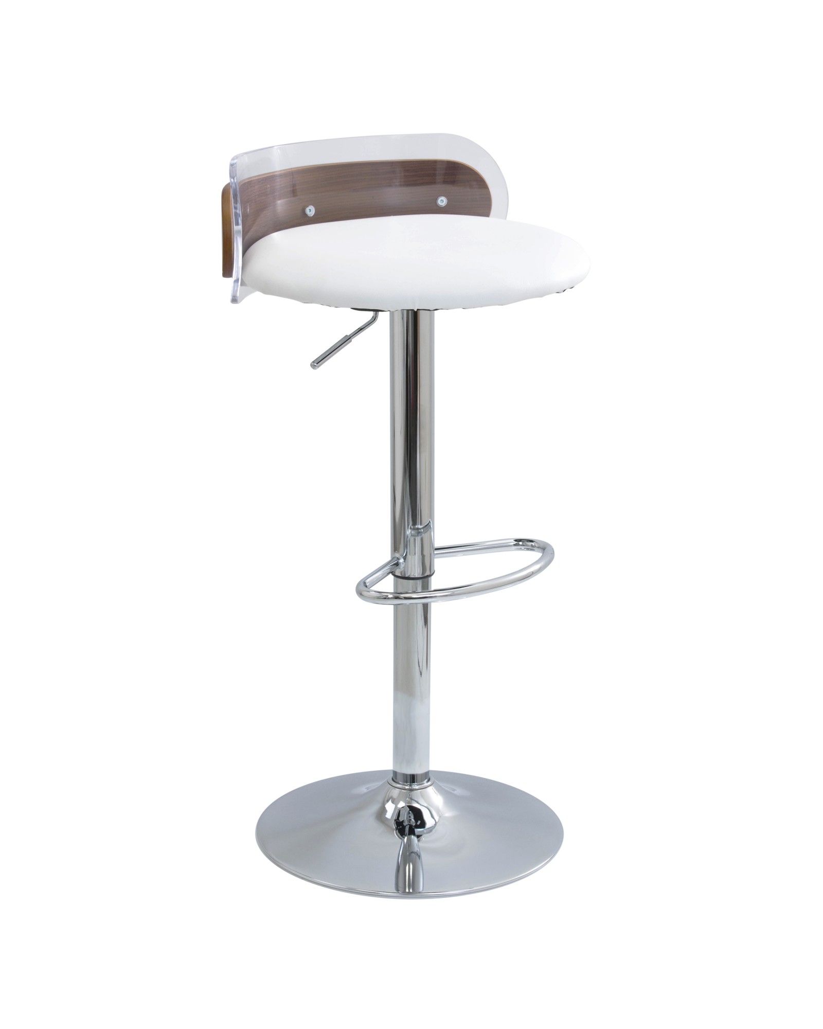 Arc Contemporary Adjustable Barstool in Walnut Wood, Clear Acrylic, and White Faux Leather