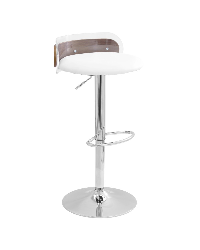 Arc Contemporary Adjustable Barstool in Walnut Wood, Clear Acrylic, and White Faux Leather