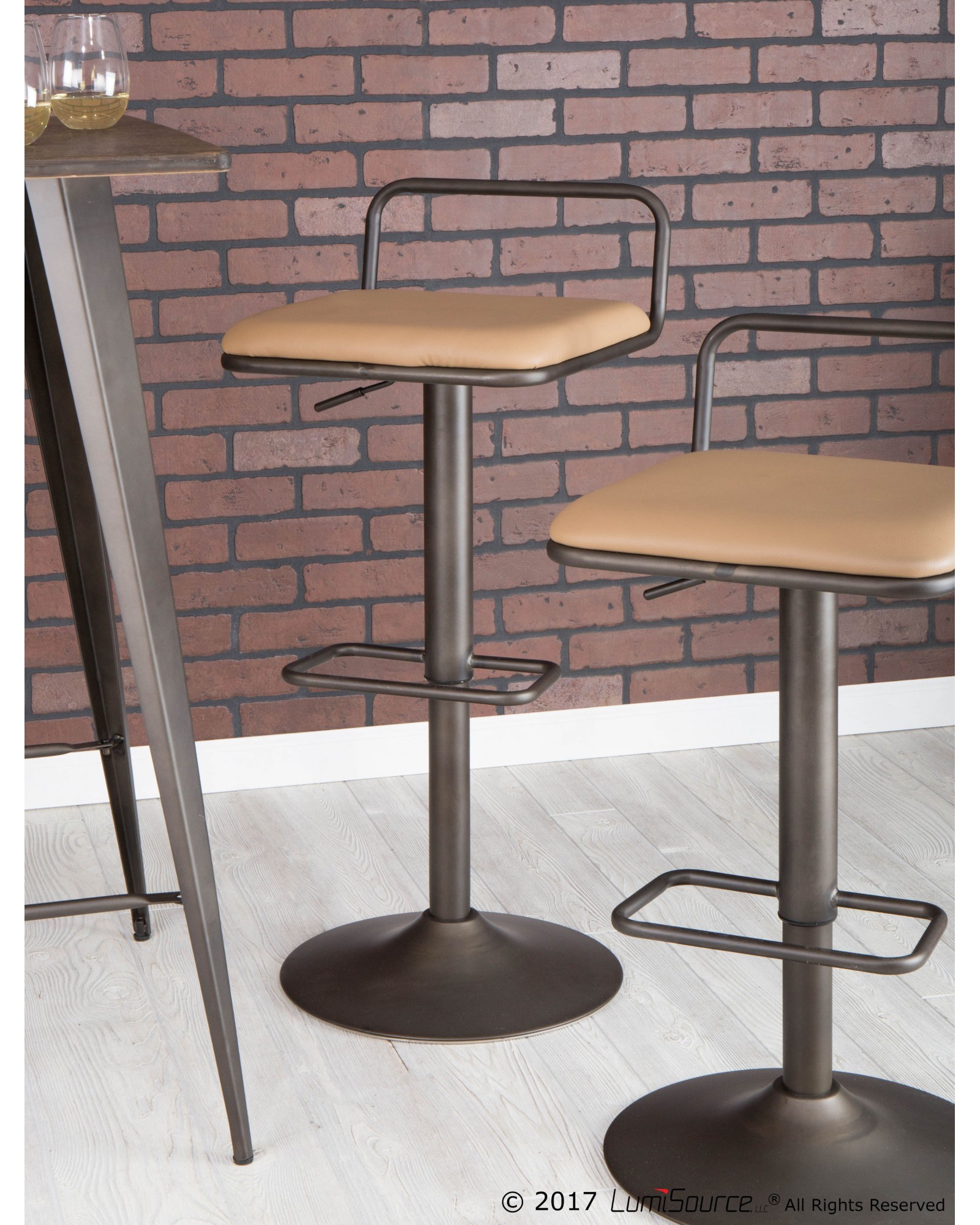 Beta Industrial Barstool in Antique and Camel Faux Leather - Set of 2