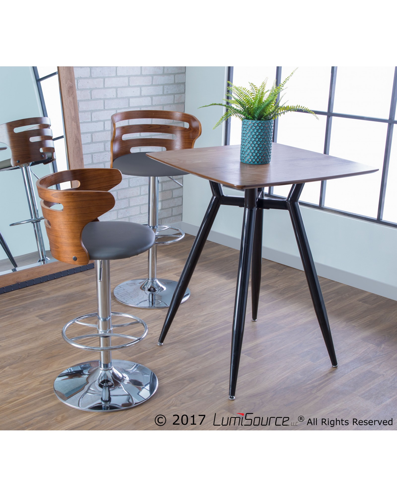 Cosi Mid-Century Modern Adjustable Barstool with Swivel in Walnut and Grey Faux Leather