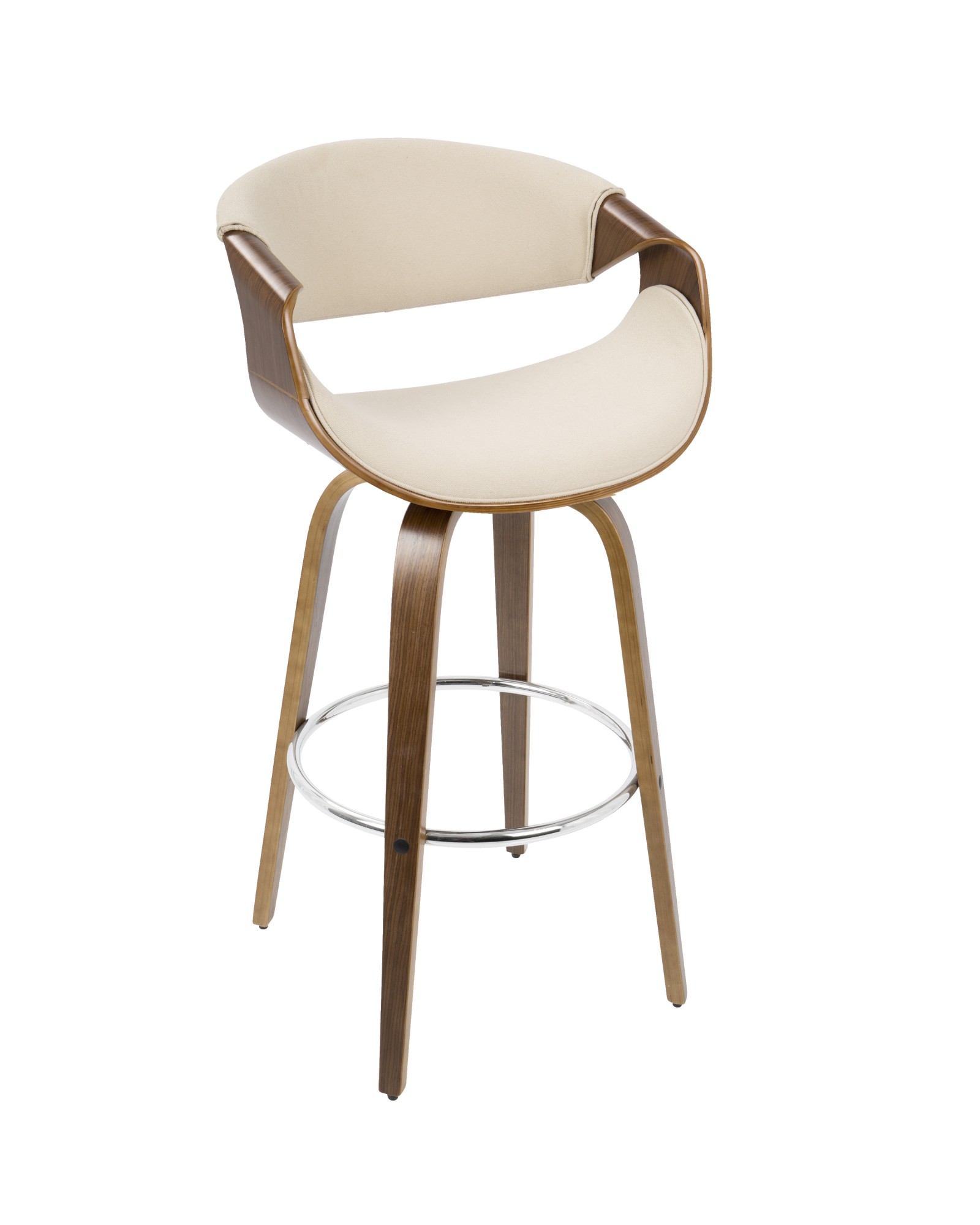 Curvini Mid-Century Modern Barstool in Walnut Wood and Cream Fabric