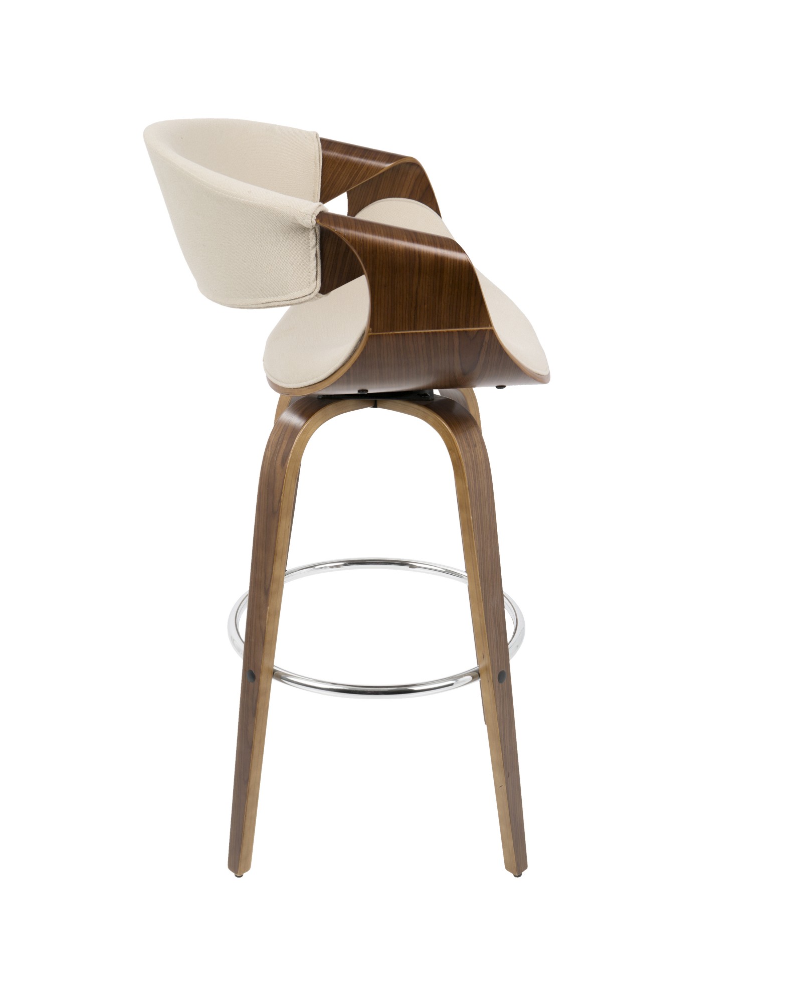 Curvini Mid-Century Modern Barstool in Walnut Wood and Cream Fabric