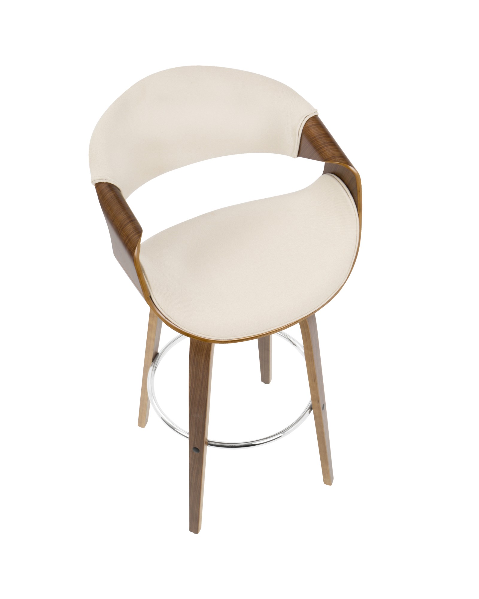 Curvini Mid-Century Modern Barstool in Walnut Wood and Cream Fabric