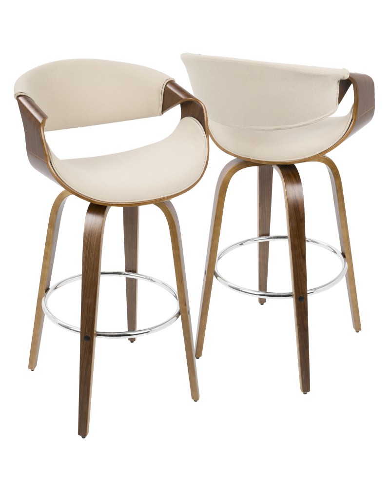 Curvini Mid-Century Modern Barstool in Walnut Wood and Cream Fabric