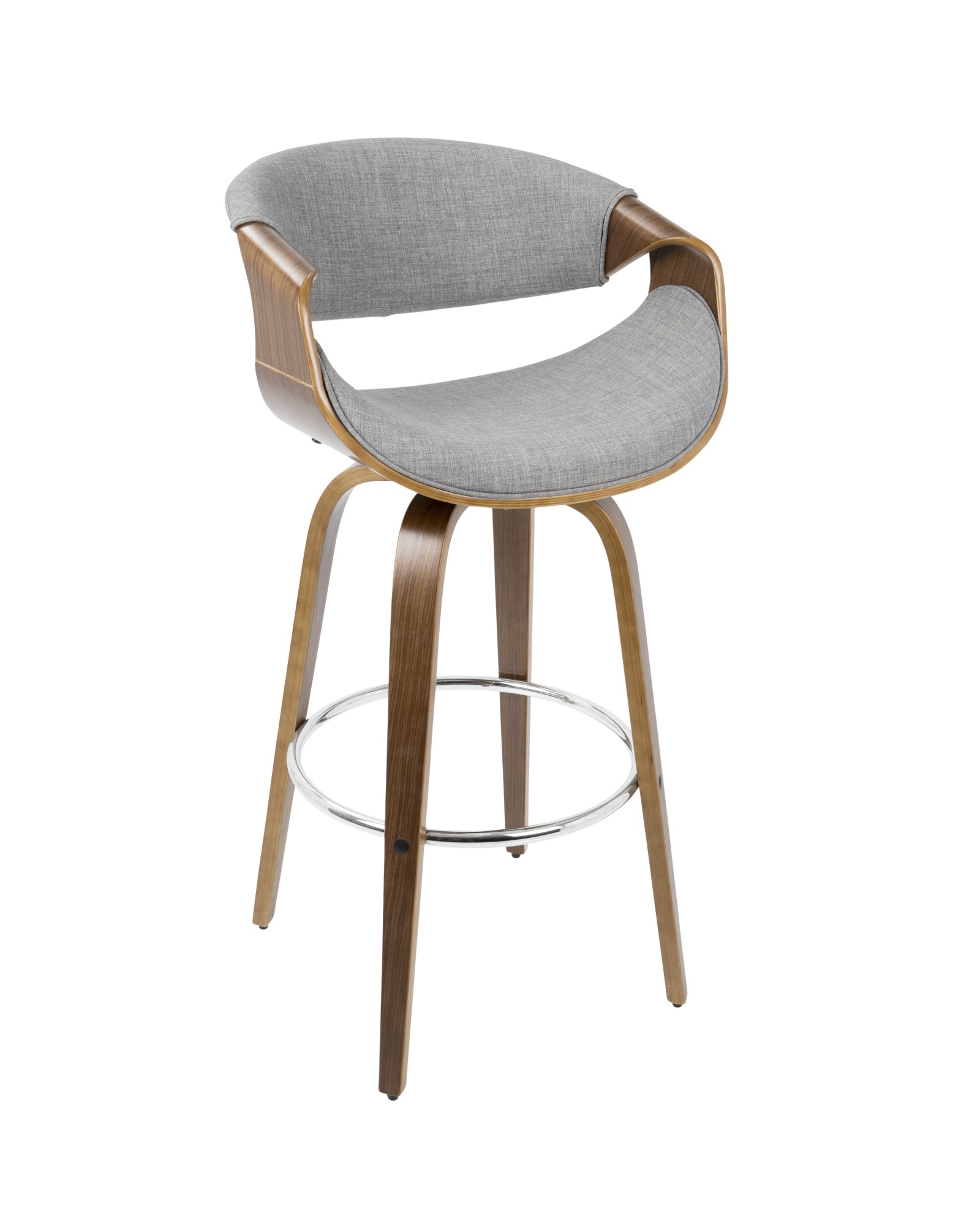 Curvini Mid-Century Modern Barstool in Walnut Wood and Grey Fabric