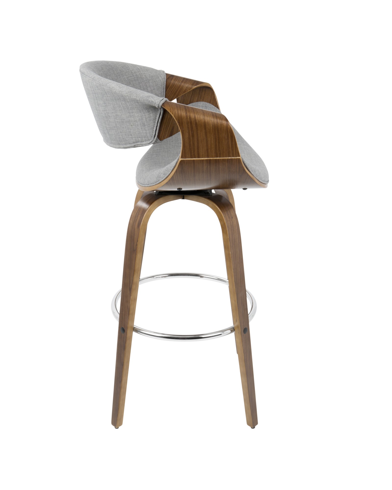 Curvini Mid-Century Modern Barstool in Walnut Wood and Grey Fabric