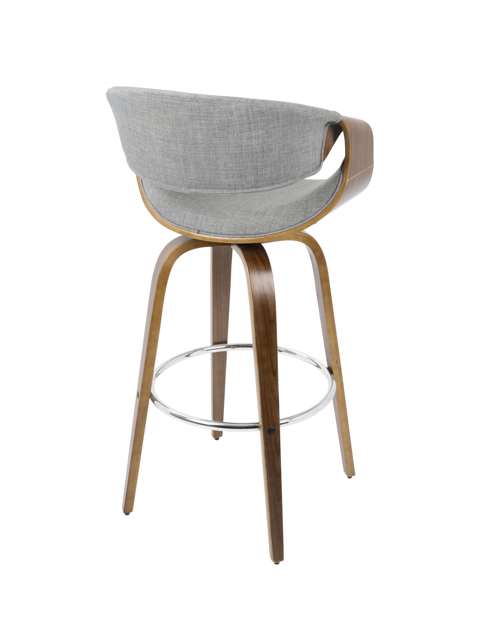 Curvini Mid-Century Modern Barstool in Walnut Wood and Grey Fabric