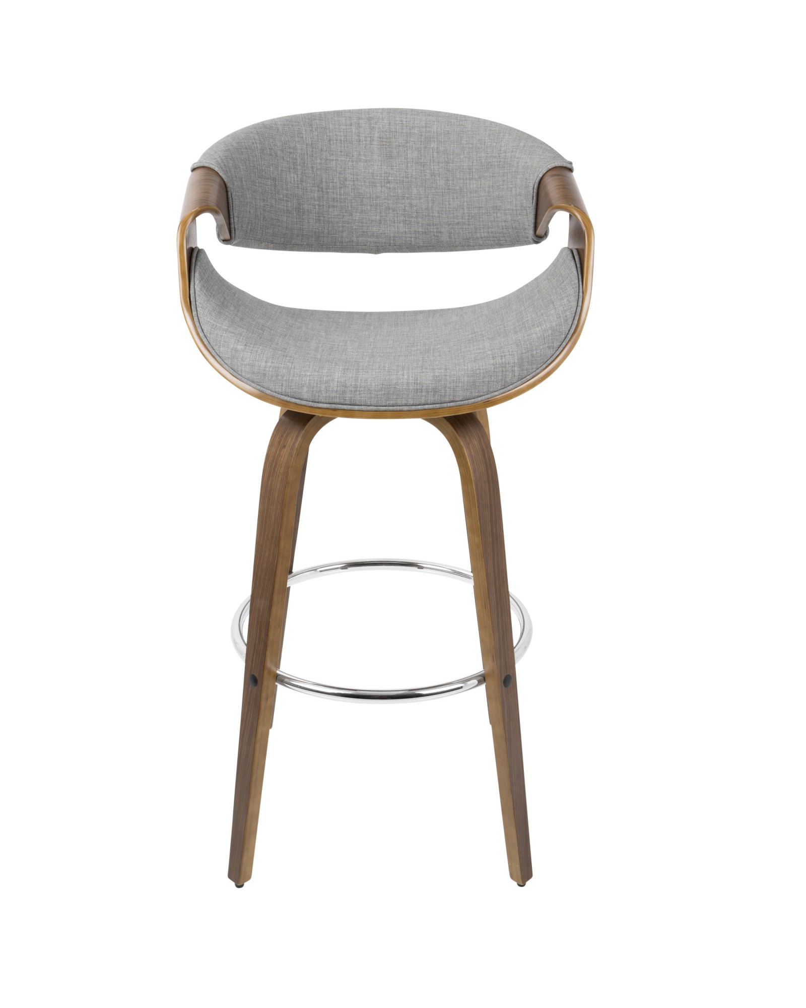 Curvini Mid-Century Modern Barstool in Walnut Wood and Grey Fabric