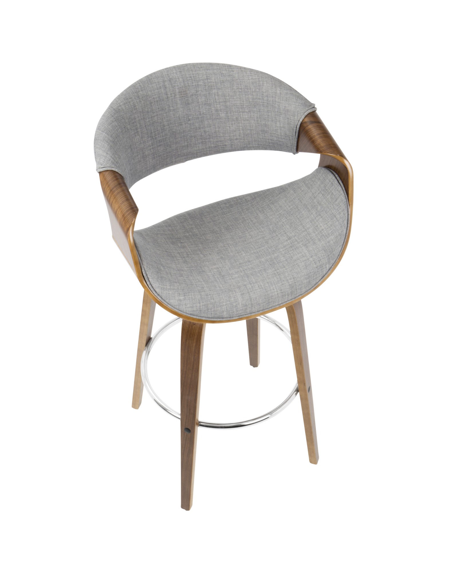 Curvini Mid-Century Modern Barstool in Walnut Wood and Grey Fabric