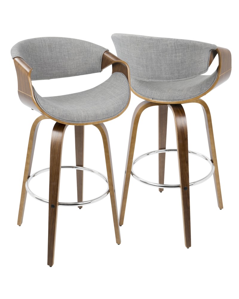 Curvini Mid-Century Modern Barstool in Walnut Wood and Grey Fabric