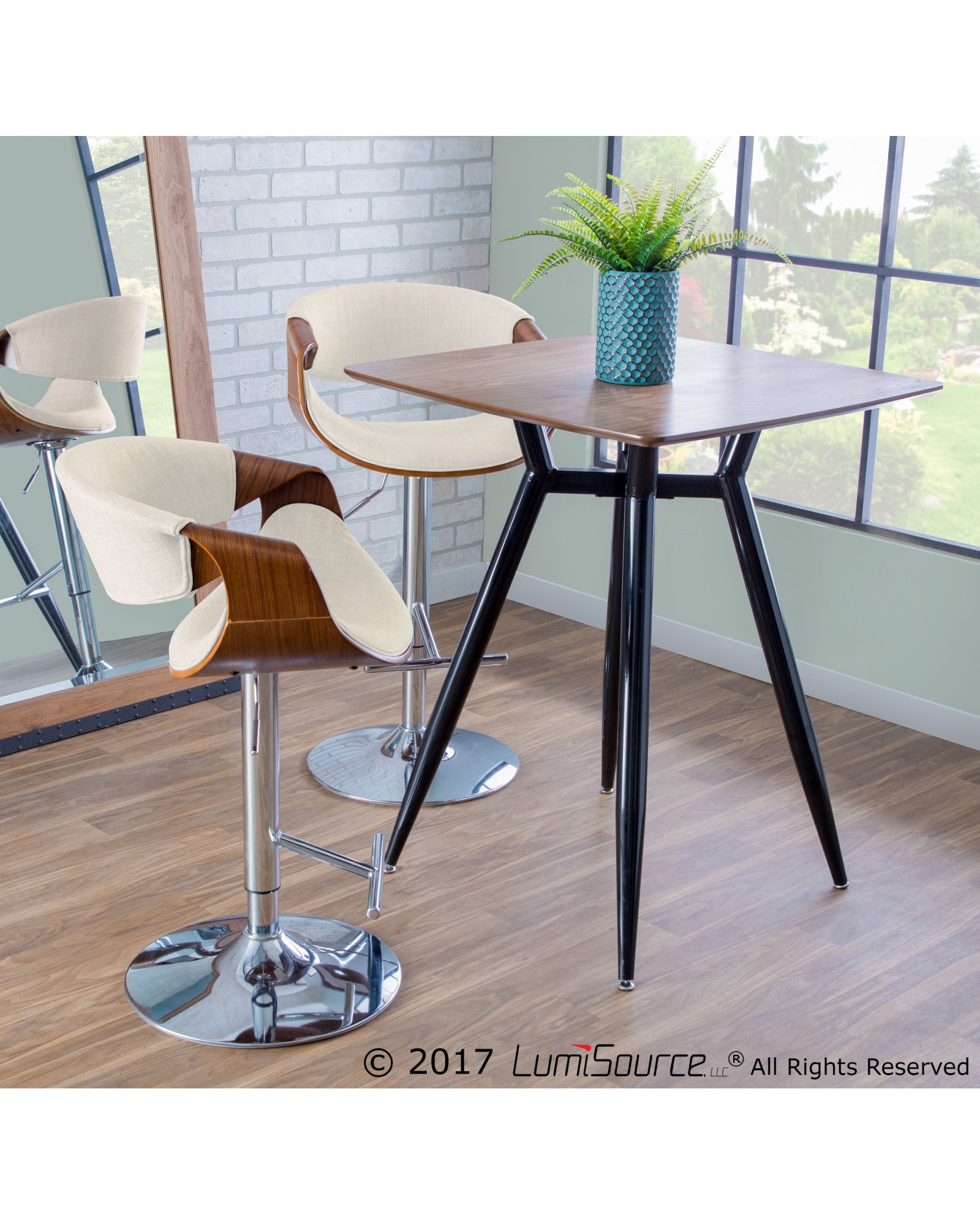 Curvo Mid-Century Modern Adjustable Barstool with Swivel in Walnut and Cream