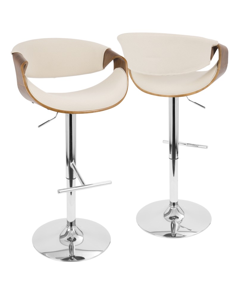 Curvo Mid-Century Modern Adjustable Barstool with Swivel in Walnut and Cream