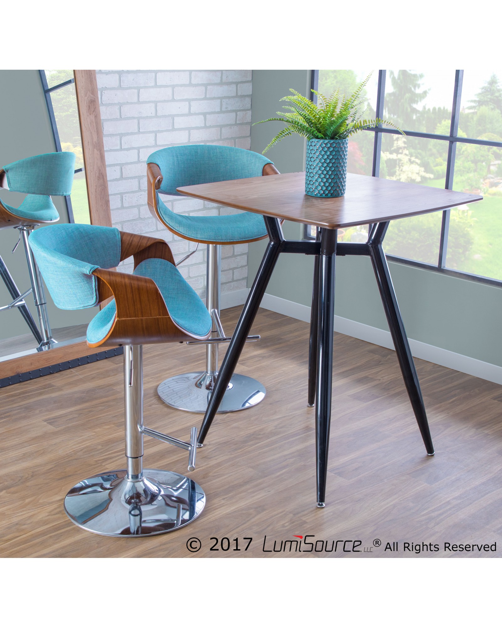 Curvo Mid-Century Modern Adjustable Barstool with Swivel in Walnut and Teal