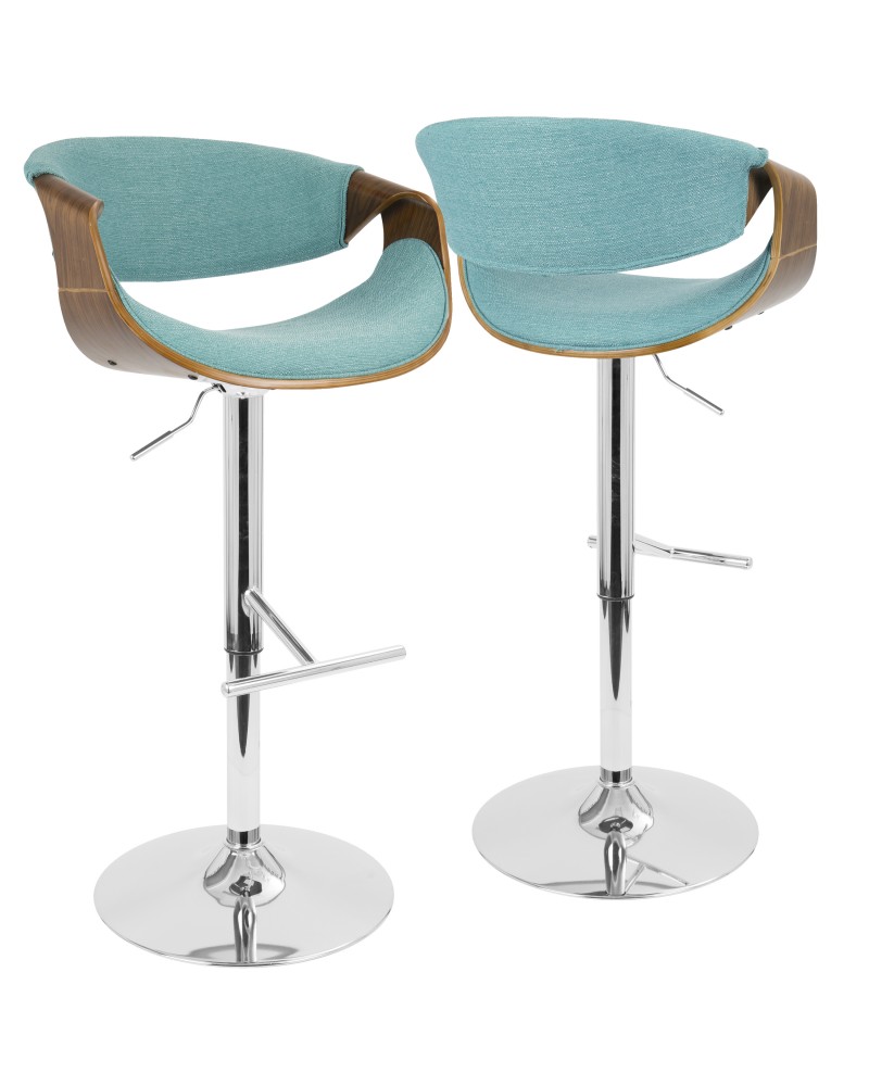 Curvo Mid-Century Modern Adjustable Barstool with Swivel in Walnut and Teal