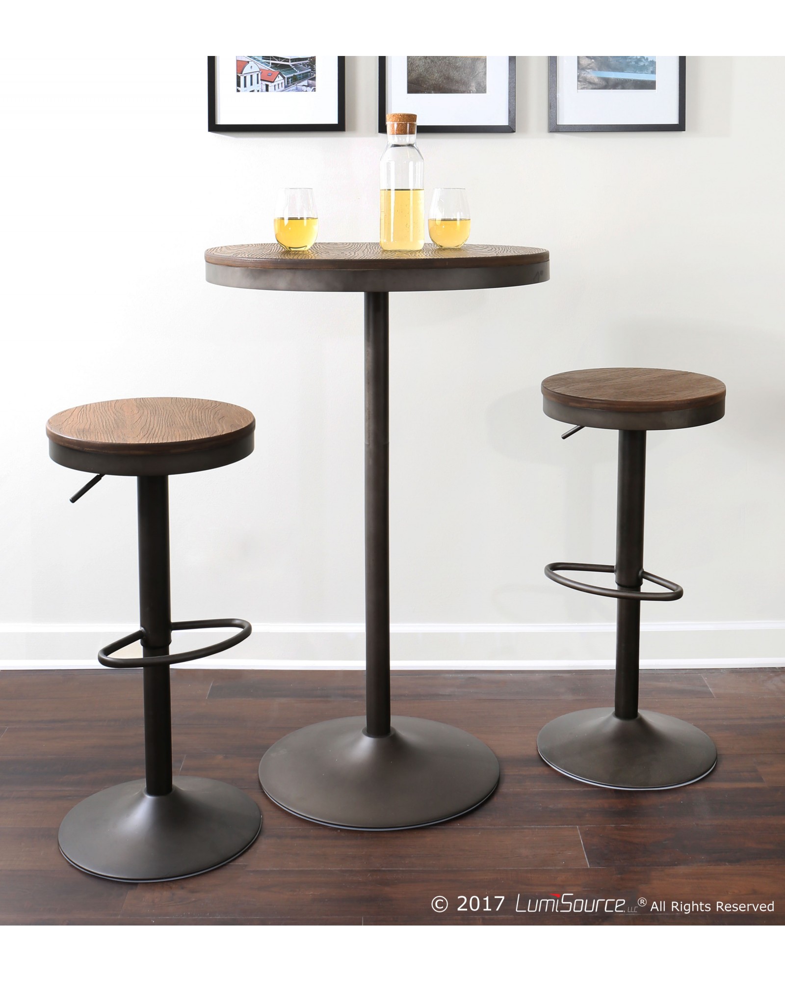 Dakota Industrial Adjustable Barstool in Antique and Brown - Set of 2