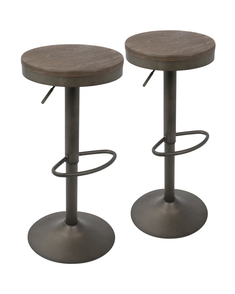 Dakota Industrial Adjustable Barstool in Antique and Brown - Set of 2