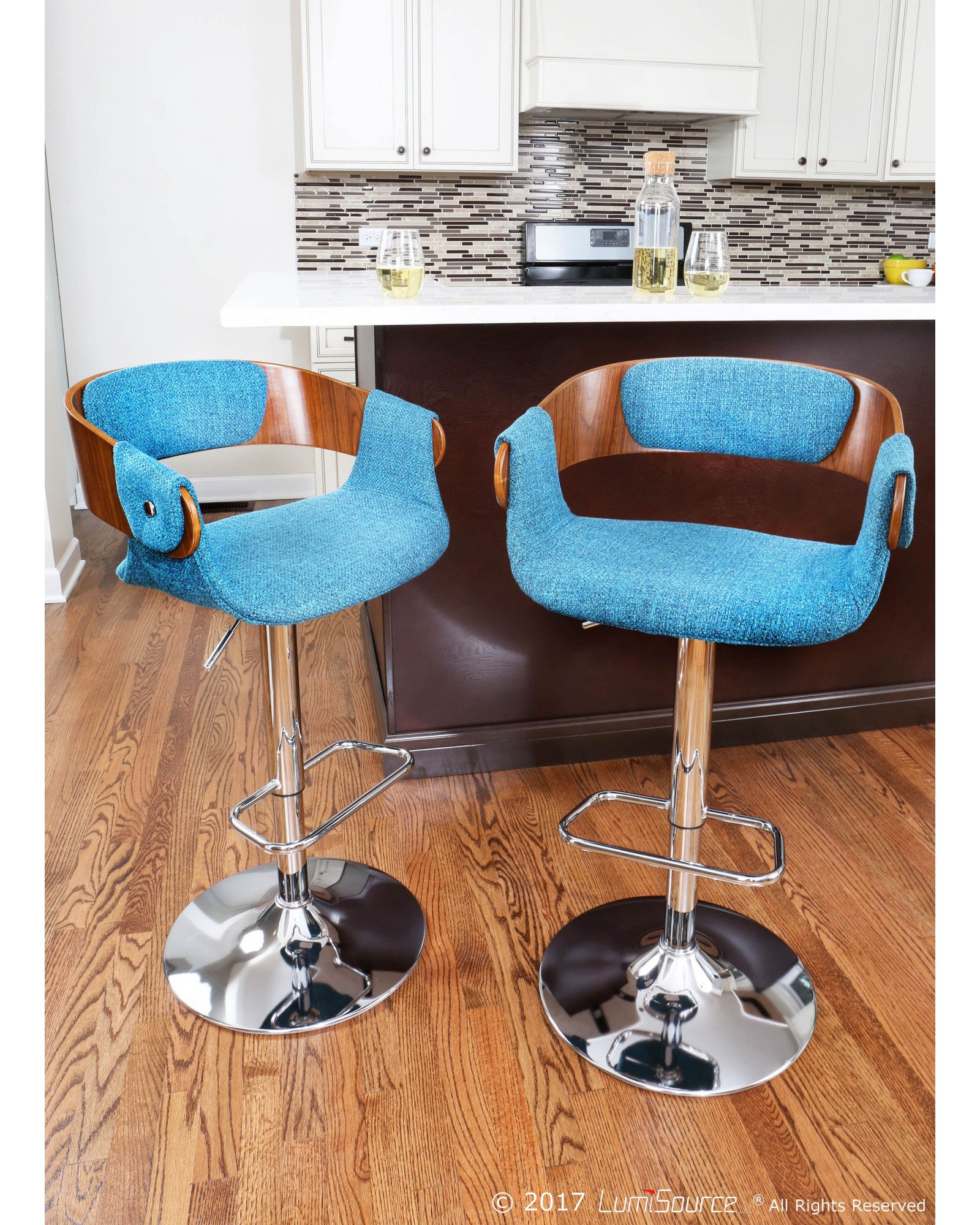 Envi Mid-Century Modern Adjustable Barstool in Walnut and Blue Teal