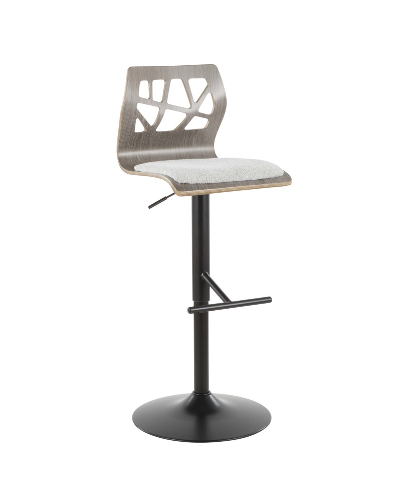 Folia Mid-Century Modern Adjustable Barstool in Light Grey Wood and Light Grey Fabric