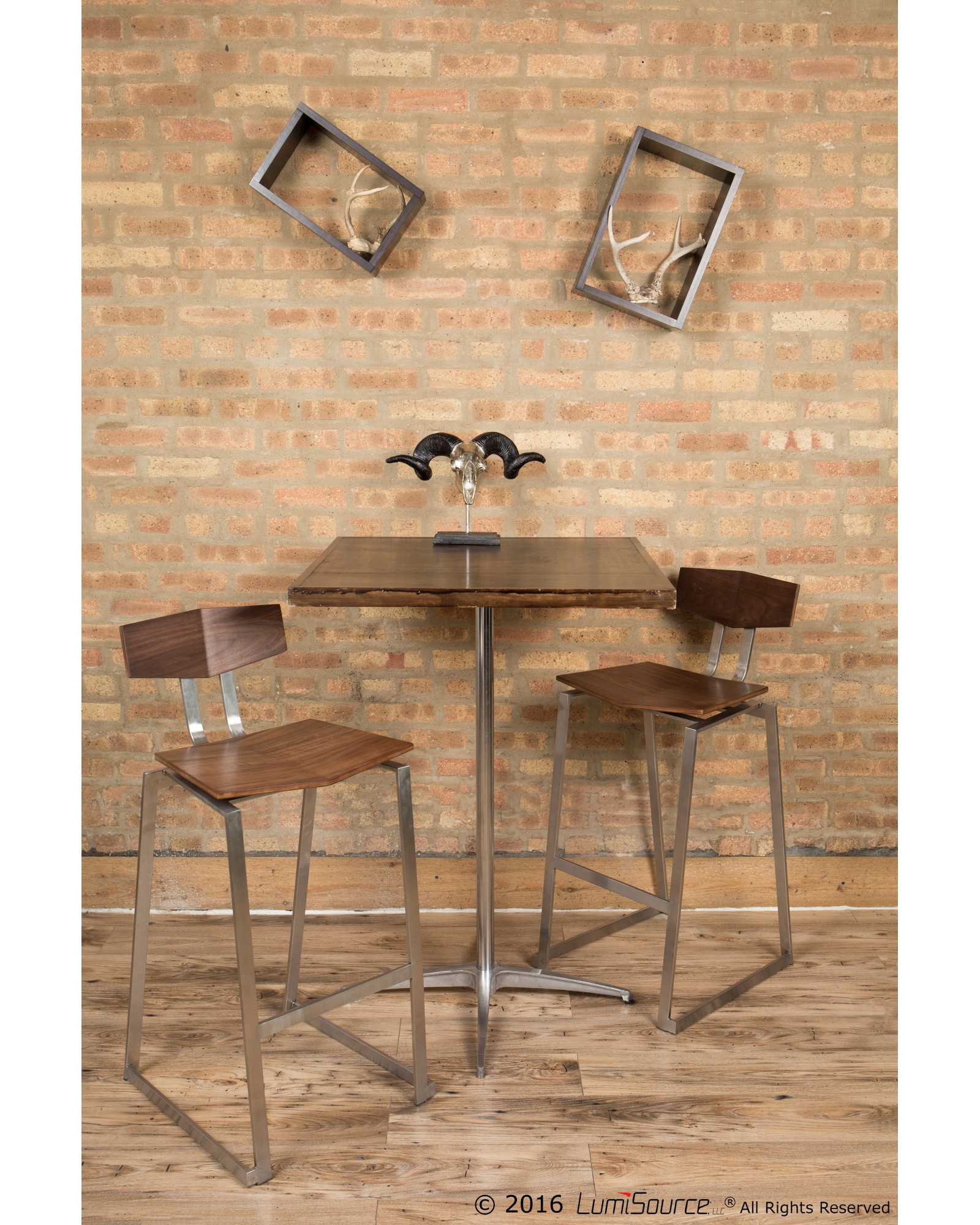 Flight Contemporary Stainless Steel Barstool in Walnut Wood - Set of 2