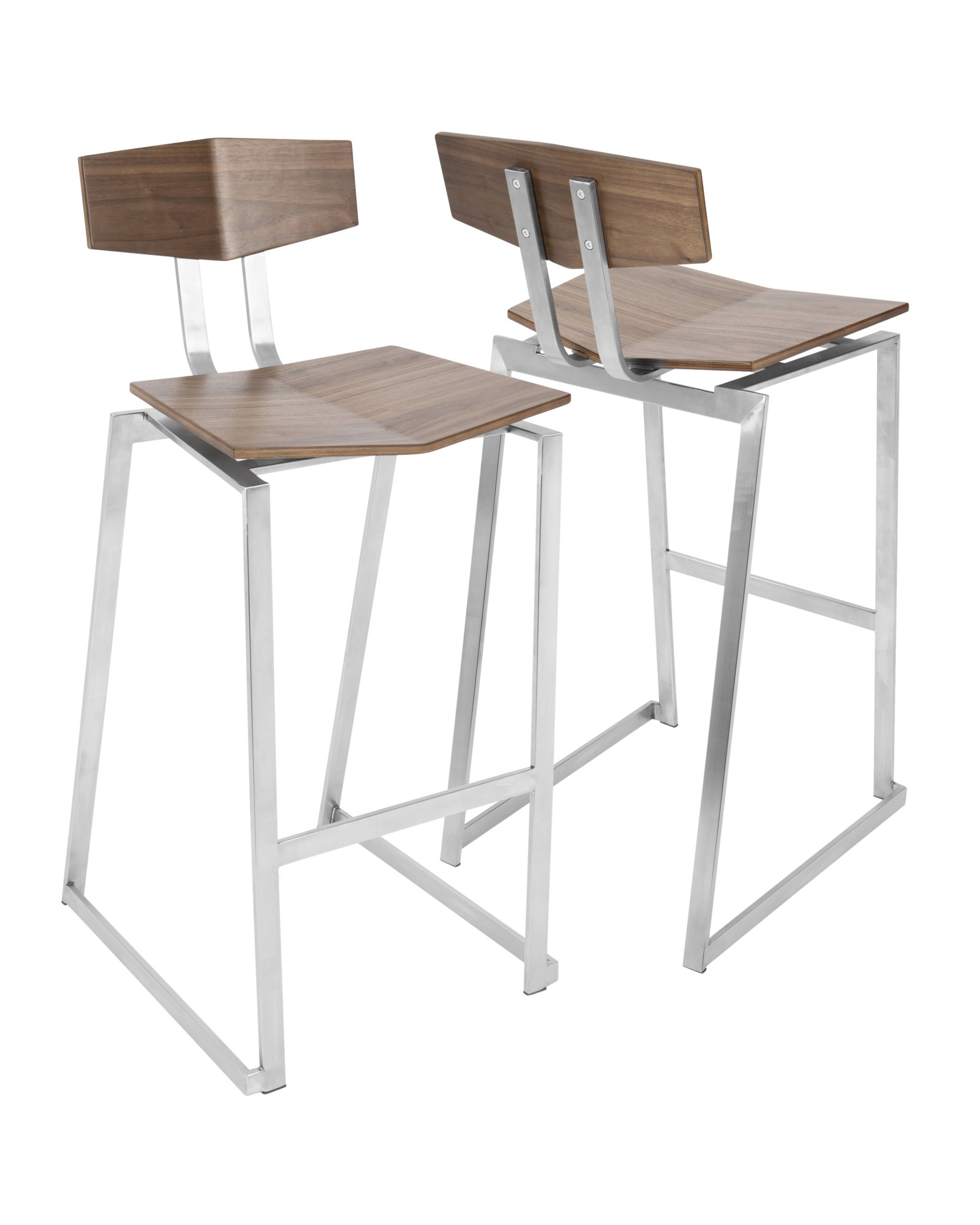 Flight Contemporary Stainless Steel Barstool in Walnut Wood - Set of 2