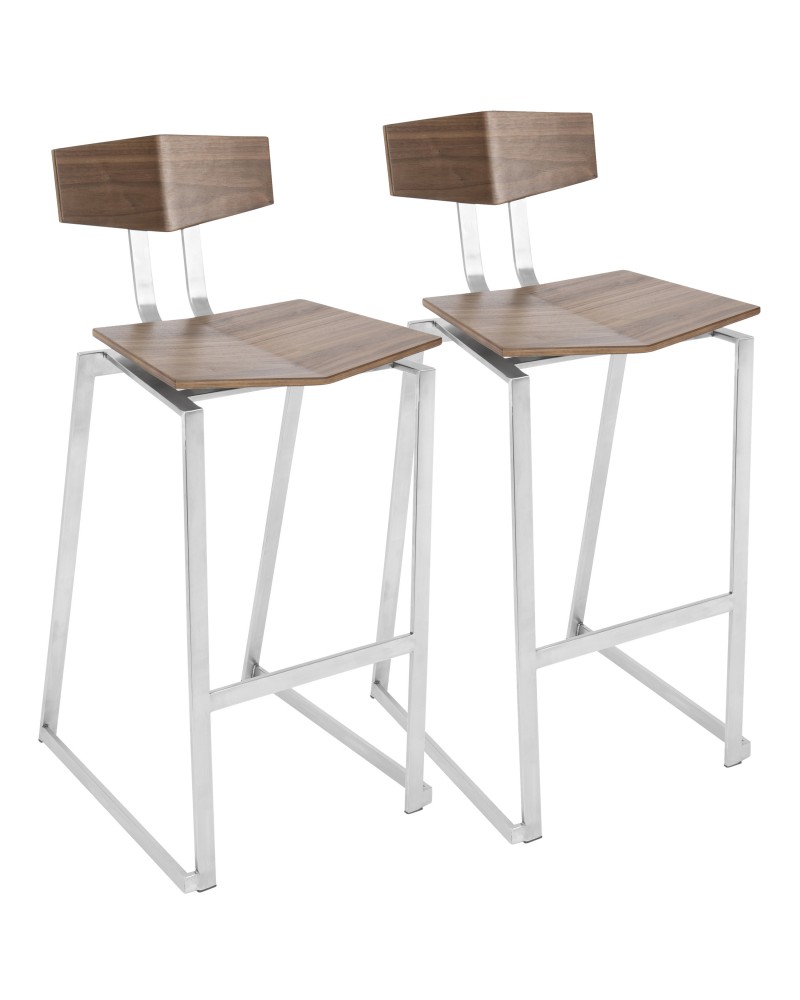 Flight Contemporary Stainless Steel Barstool in Walnut Wood - Set of 2