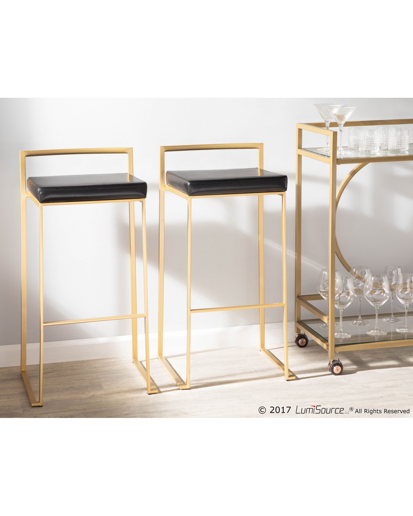 Fuji Contemporary-Glam Barstool in Gold with Black Faux Leather - Set of 2