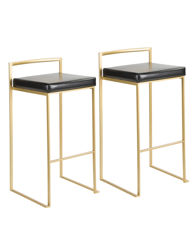 Fuji Contemporary-Glam Barstool in Gold with Black Faux Leather - Set of 2