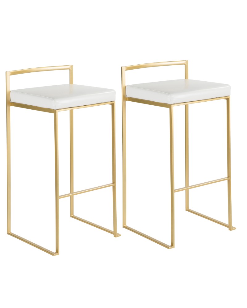 Fuji Contemporary-Glam Barstool in Gold with White Faux Leather - Set of 2