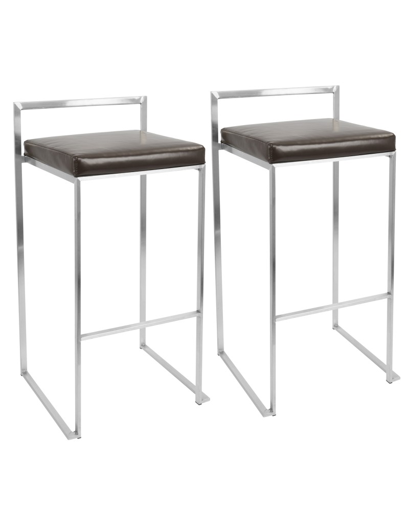 Fuji Contemporary Stackable Barstool with Brown Faux Leather - Set of 2