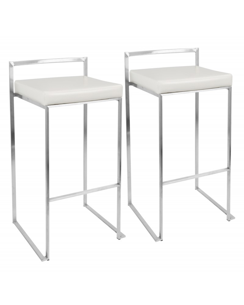 Fuji Contemporary Stackable Barstool with White Faux Leather - Set of 2