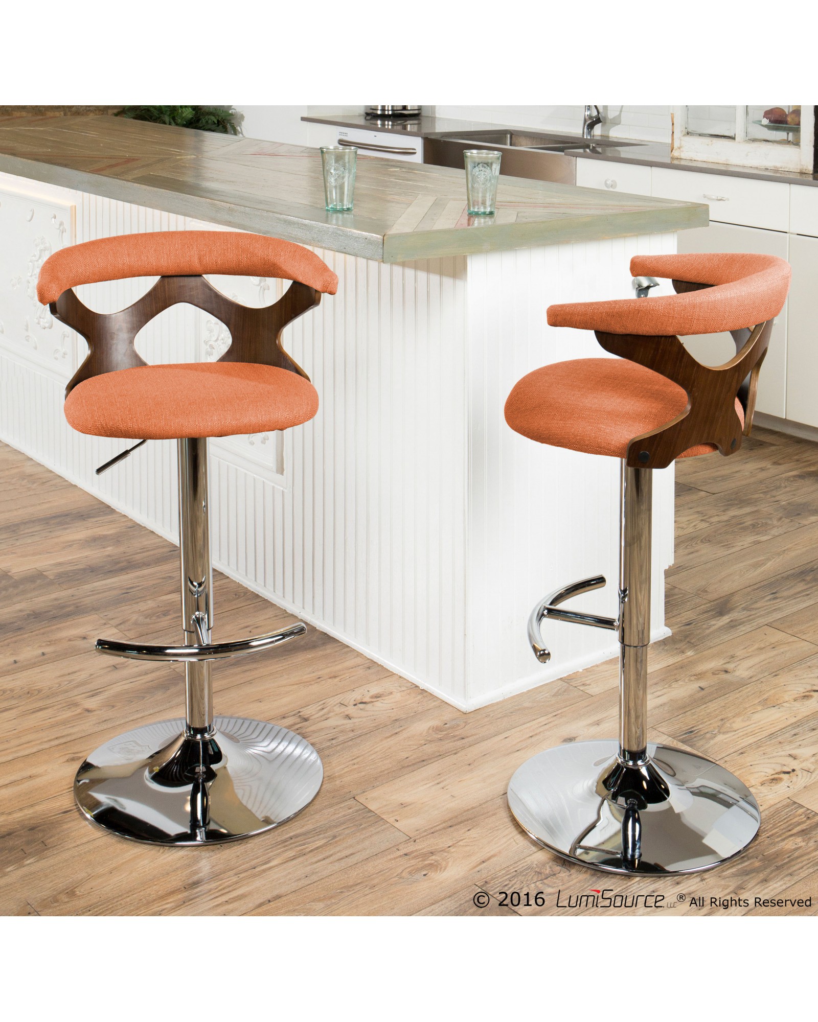Gardenia Mid-Century Modern Adjustable Barstool with Swivel in Walnut and Orange