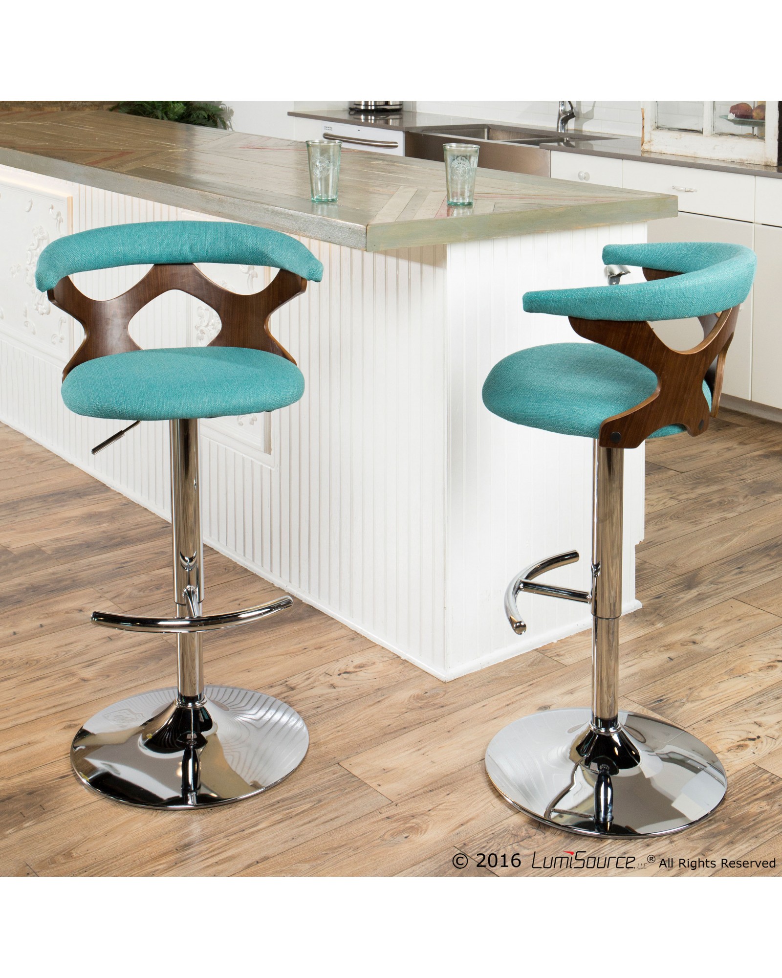 Gardenia Mid-Century Modern Adjustable Barstool with Swivel in Walnut and Teal