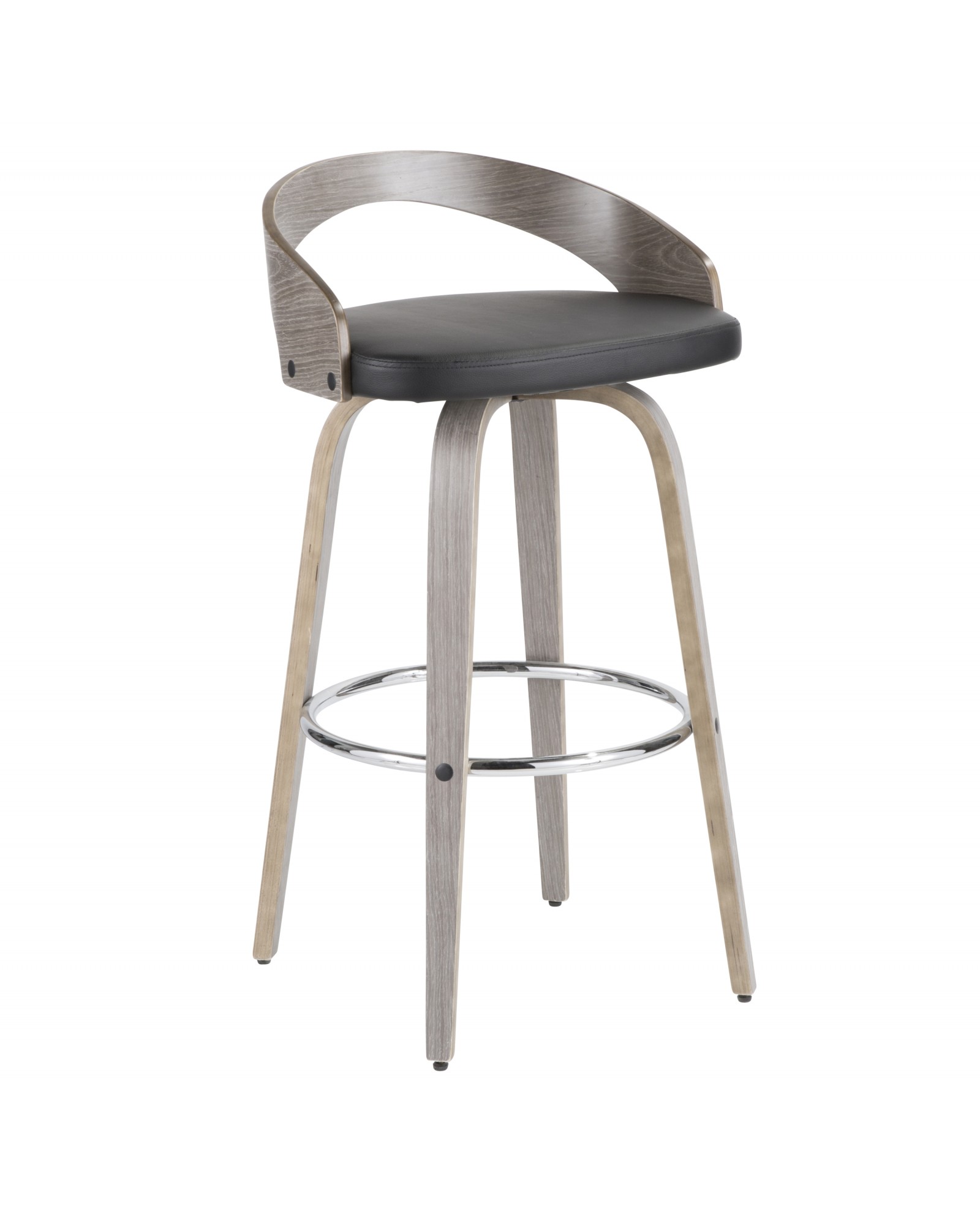 Grotto Mid-Century Modern Barstool with Light Grey Wood and Black Faux Leather