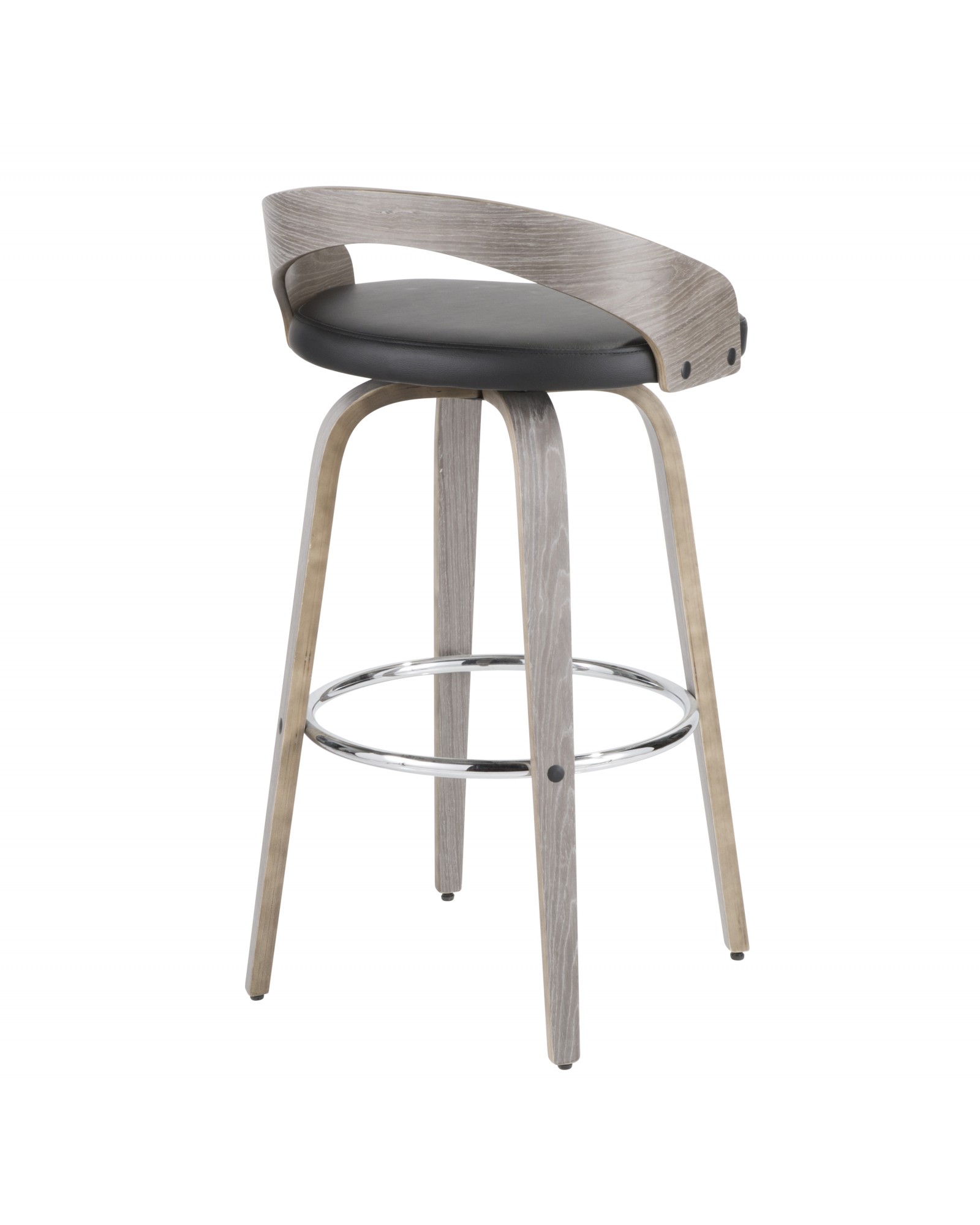 Grotto Mid-Century Modern Barstool with Light Grey Wood and Black Faux Leather