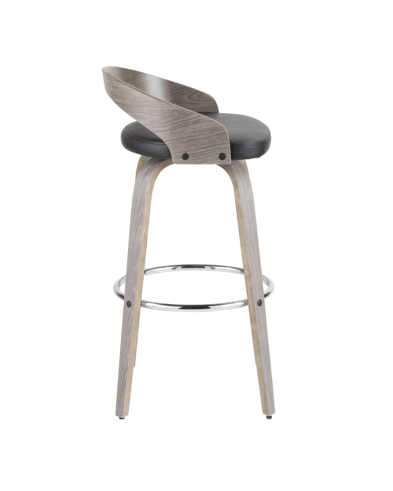 Grotto Mid-Century Modern Barstool with Light Grey Wood and Black Faux Leather