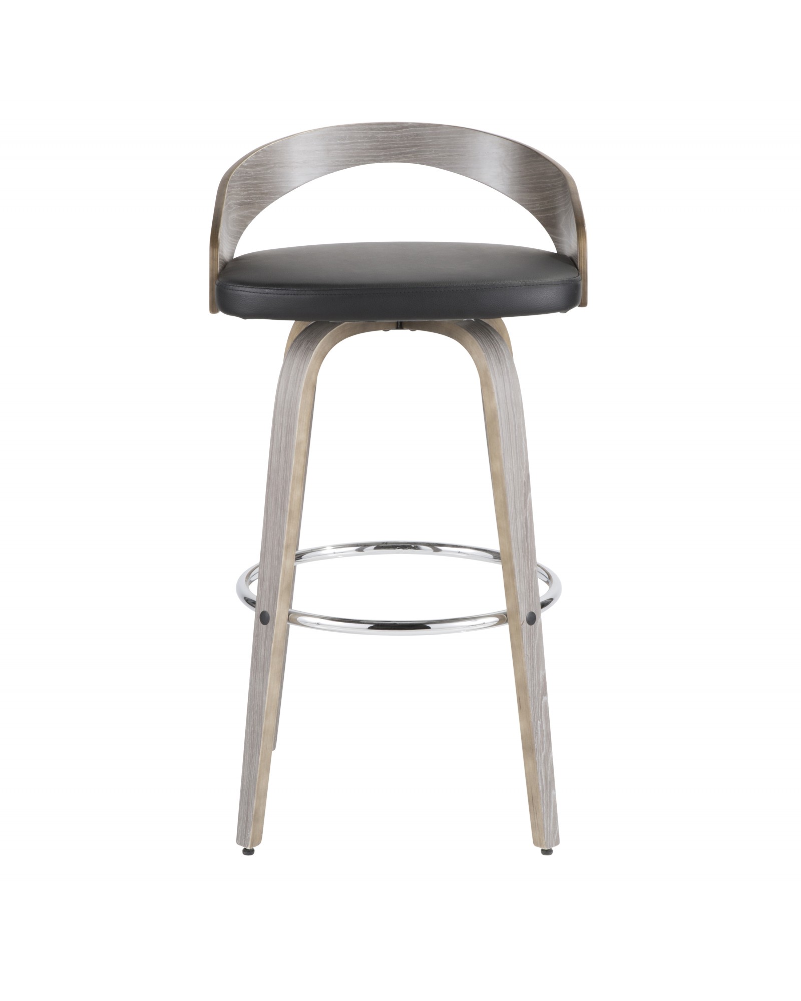 Grotto Mid-Century Modern Barstool with Light Grey Wood and Black Faux Leather