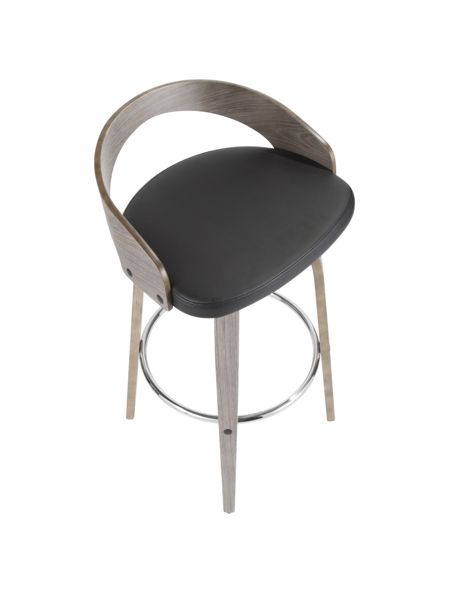 Grotto Mid-Century Modern Barstool with Light Grey Wood and Black Faux Leather
