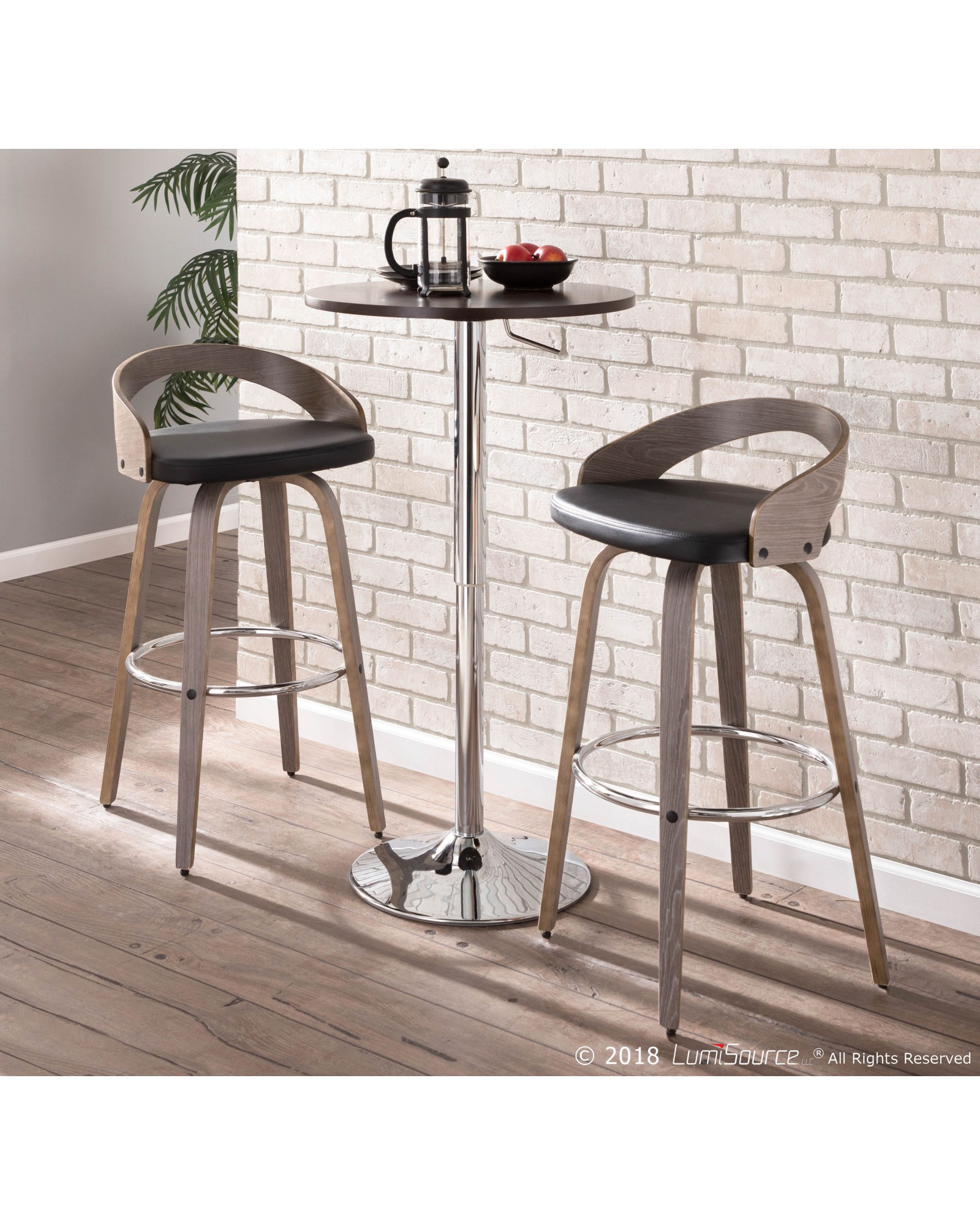 Grotto Mid-Century Modern Barstool with Light Grey Wood and Black Faux Leather