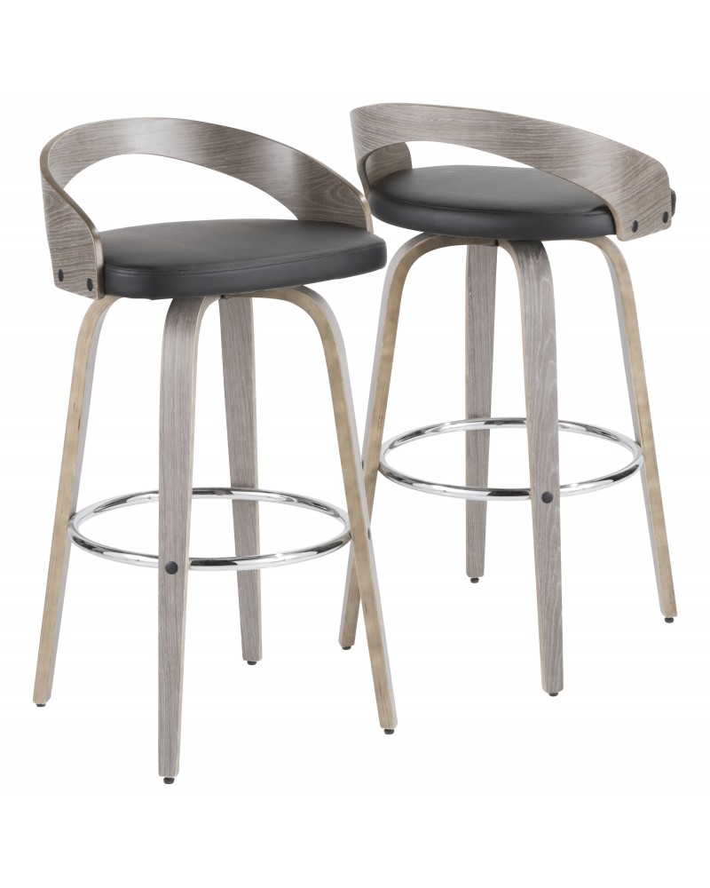 Grotto Mid-Century Modern Barstool with Light Grey Wood and Black Faux Leather