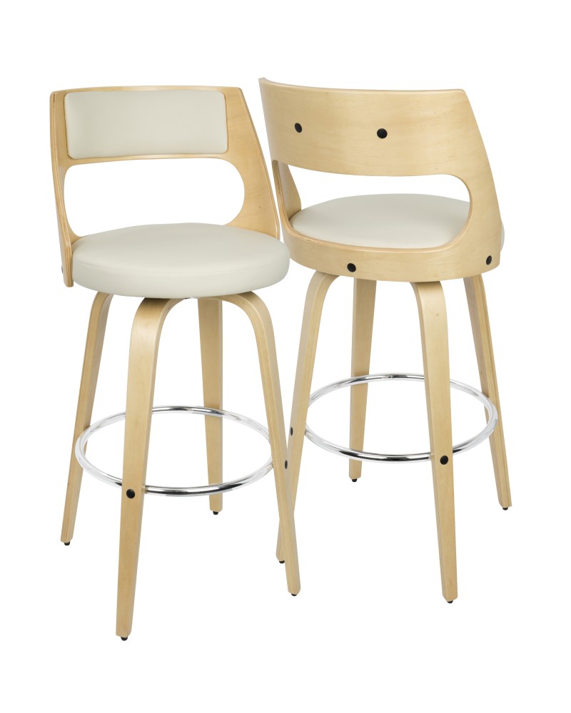 Cecina Mid-Century Modern Barstool with Swivel in Natural and Cream Faux Leather