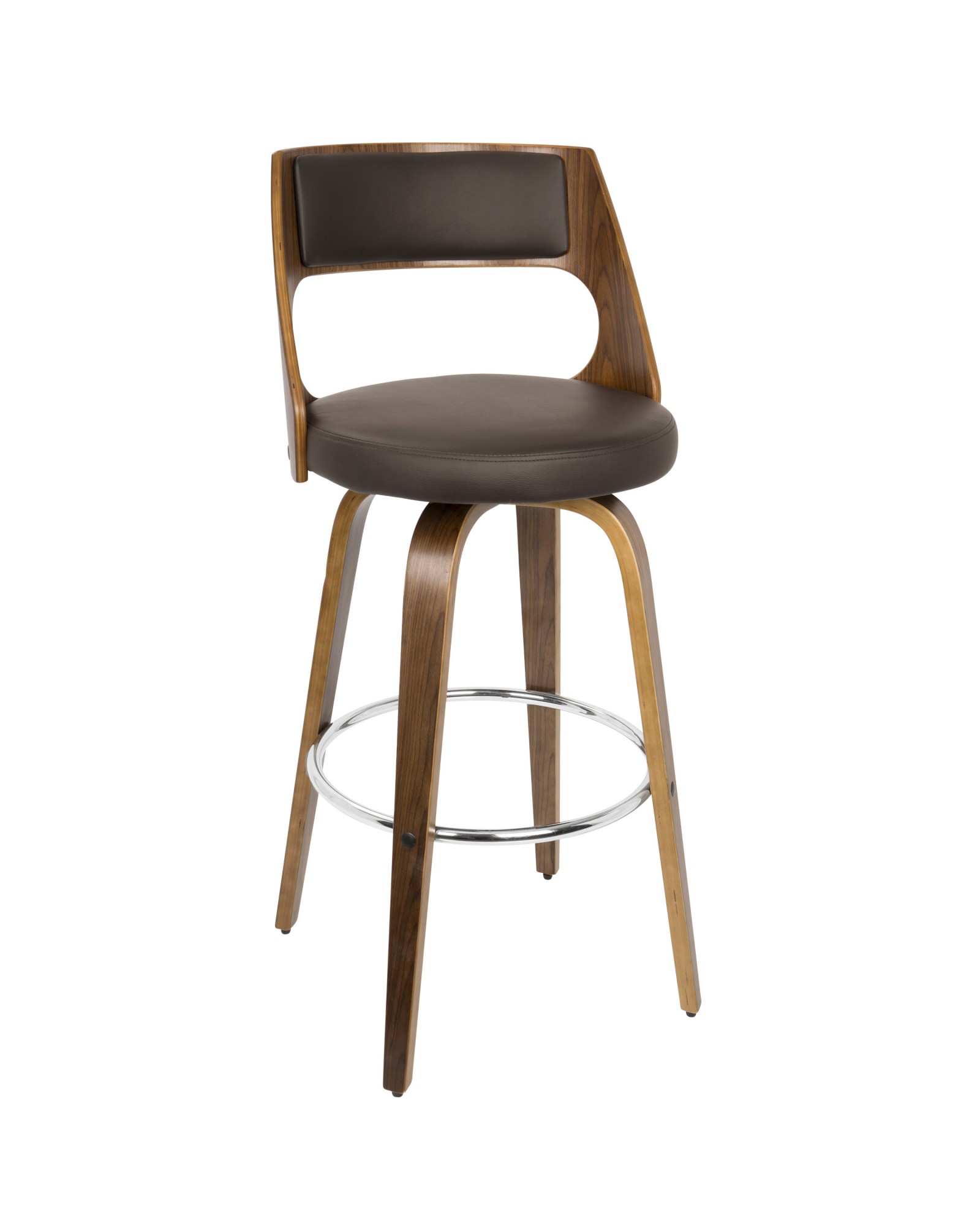 Cecina Mid-Century Modern Barstool with Swivel in Walnut and Brown Faux Leather