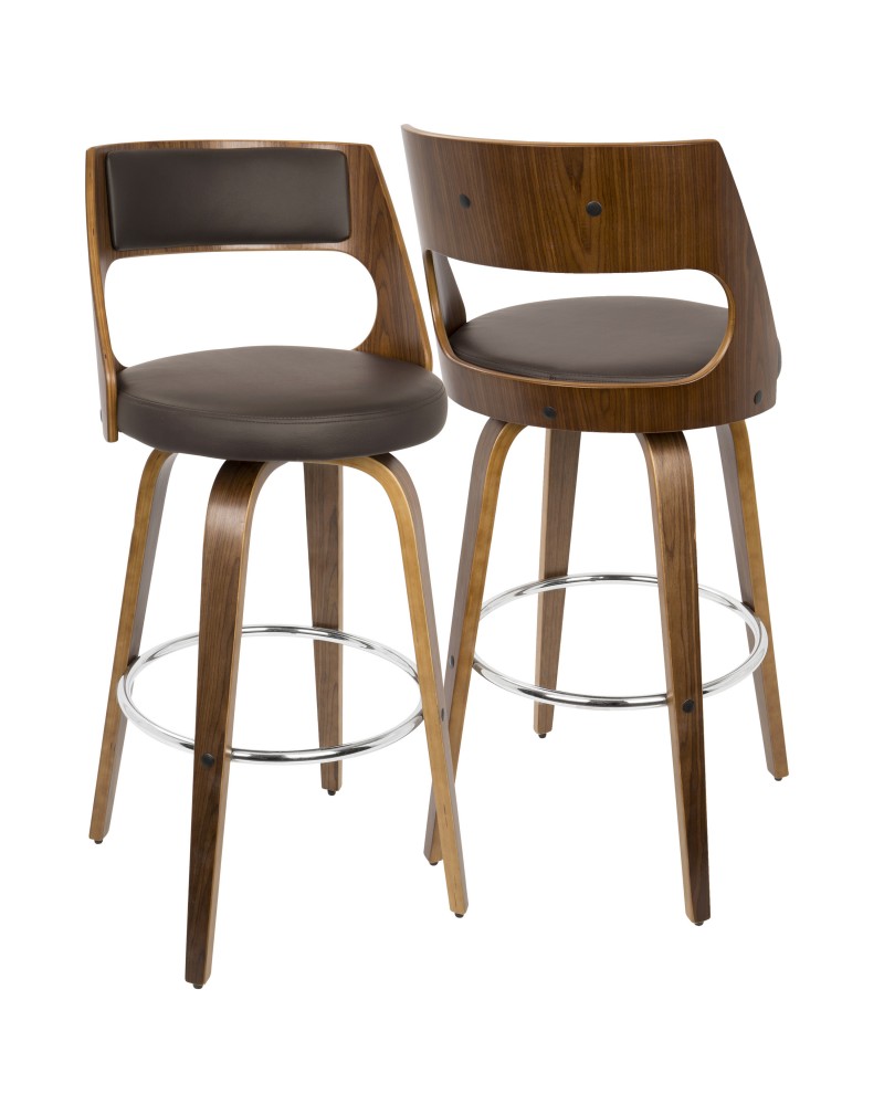 Cecina Mid-Century Modern Barstool with Swivel in Walnut and Brown Faux Leather