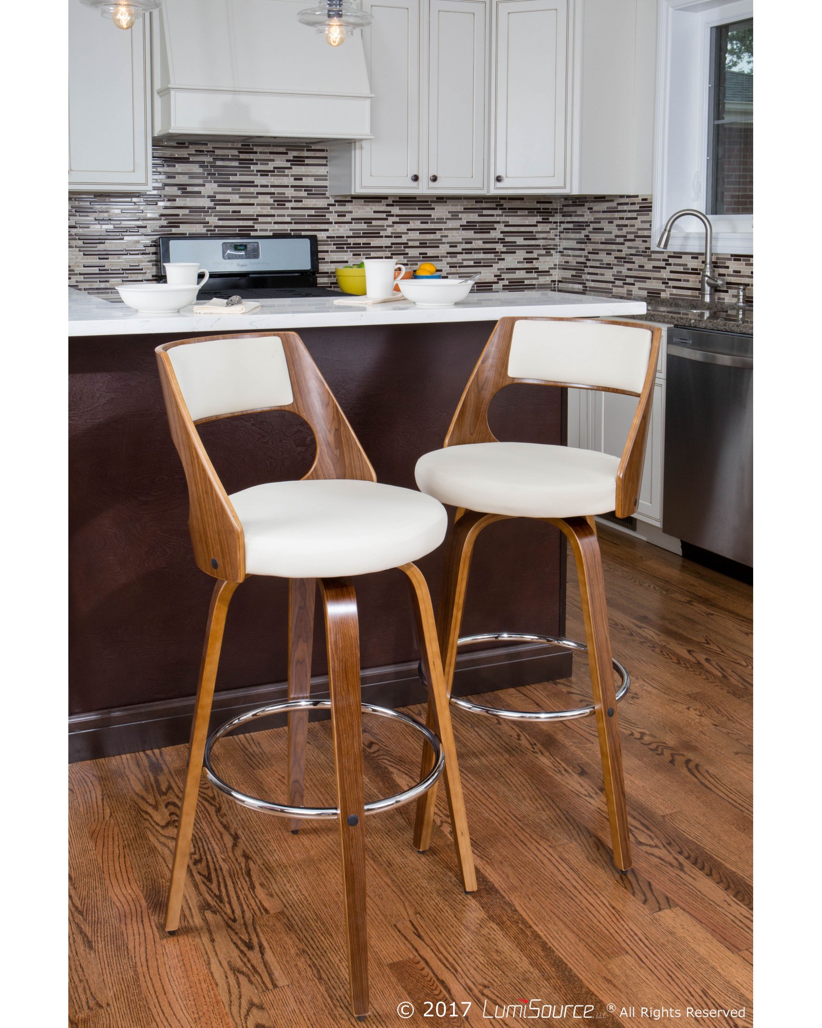 Cecina Mid-Century Modern Barstool with Swivel in Walnut and Cream Faux Leather