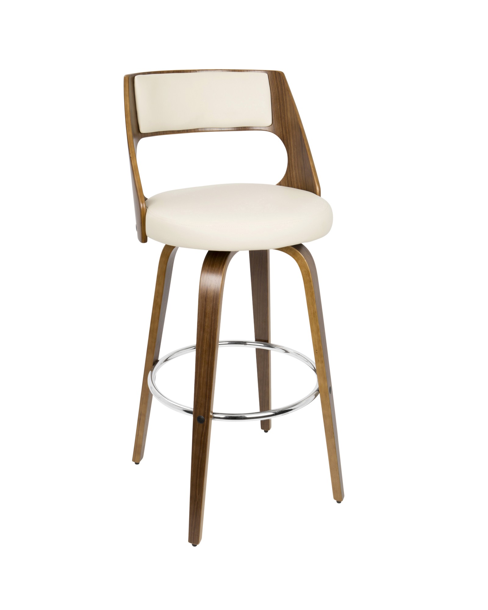 Cecina Mid-Century Modern Barstool with Swivel in Walnut and Cream Faux Leather