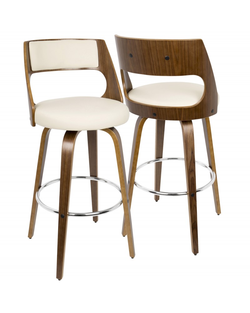 Cecina Mid-Century Modern Barstool with Swivel in Walnut and Cream Faux Leather