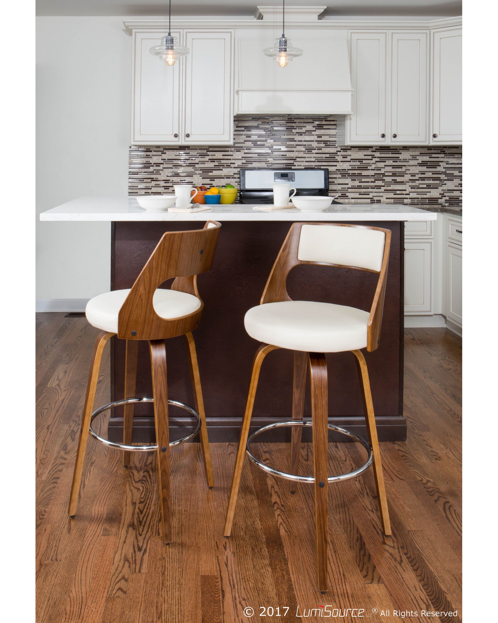 Cecina Mid-Century Modern Barstool with Swivel in Walnut and Cream Faux Leather