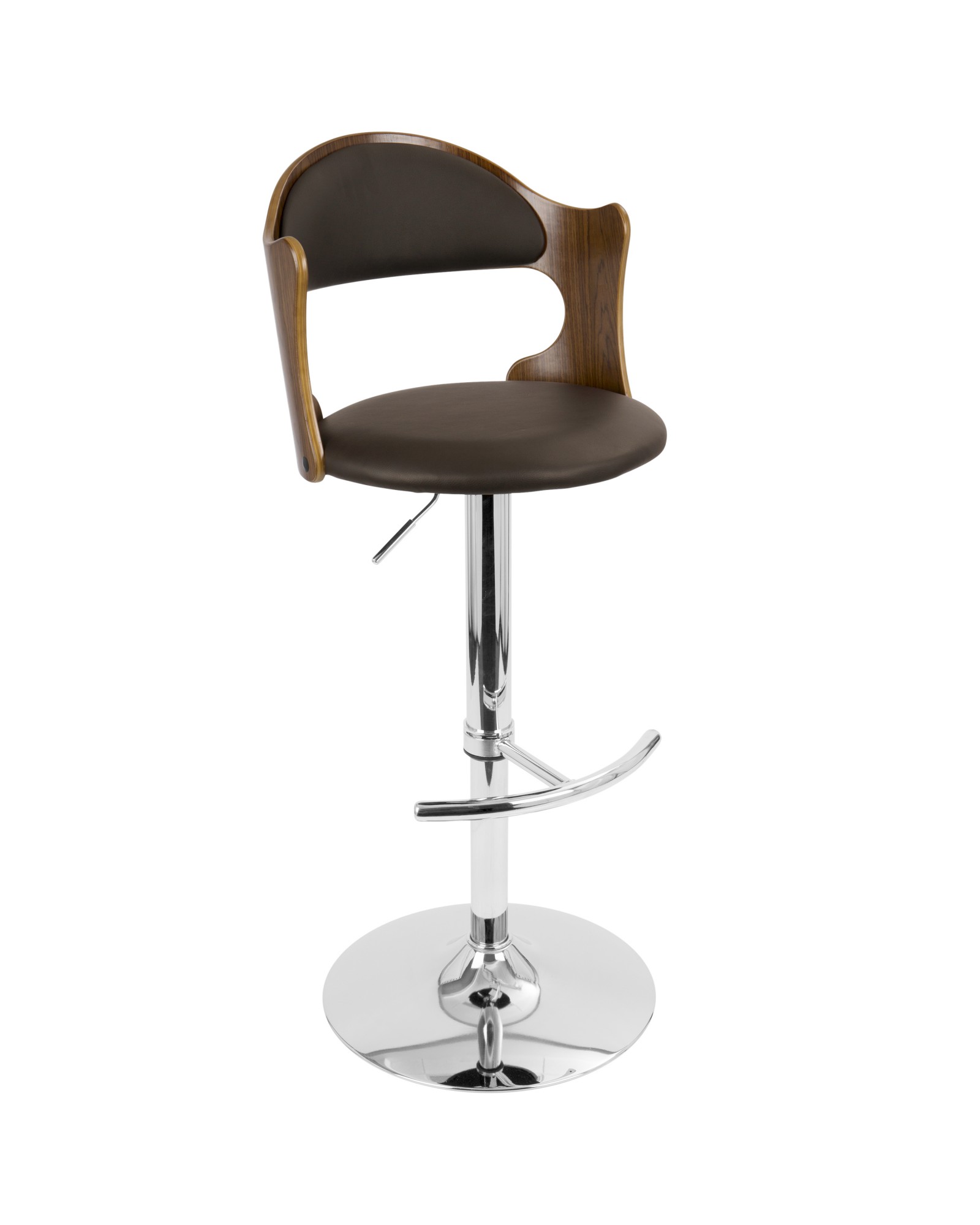 Cello Mid-Century Modern Adjustable Barstool with Swivel in Walnut and Brown Faux Leather